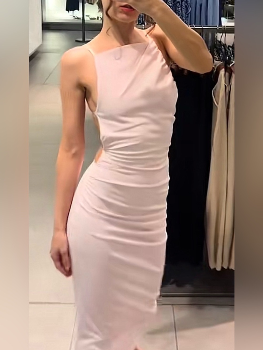 NWT Zara Light Pink Ruched Cowl Neck Draped Midi Dress - Size Small